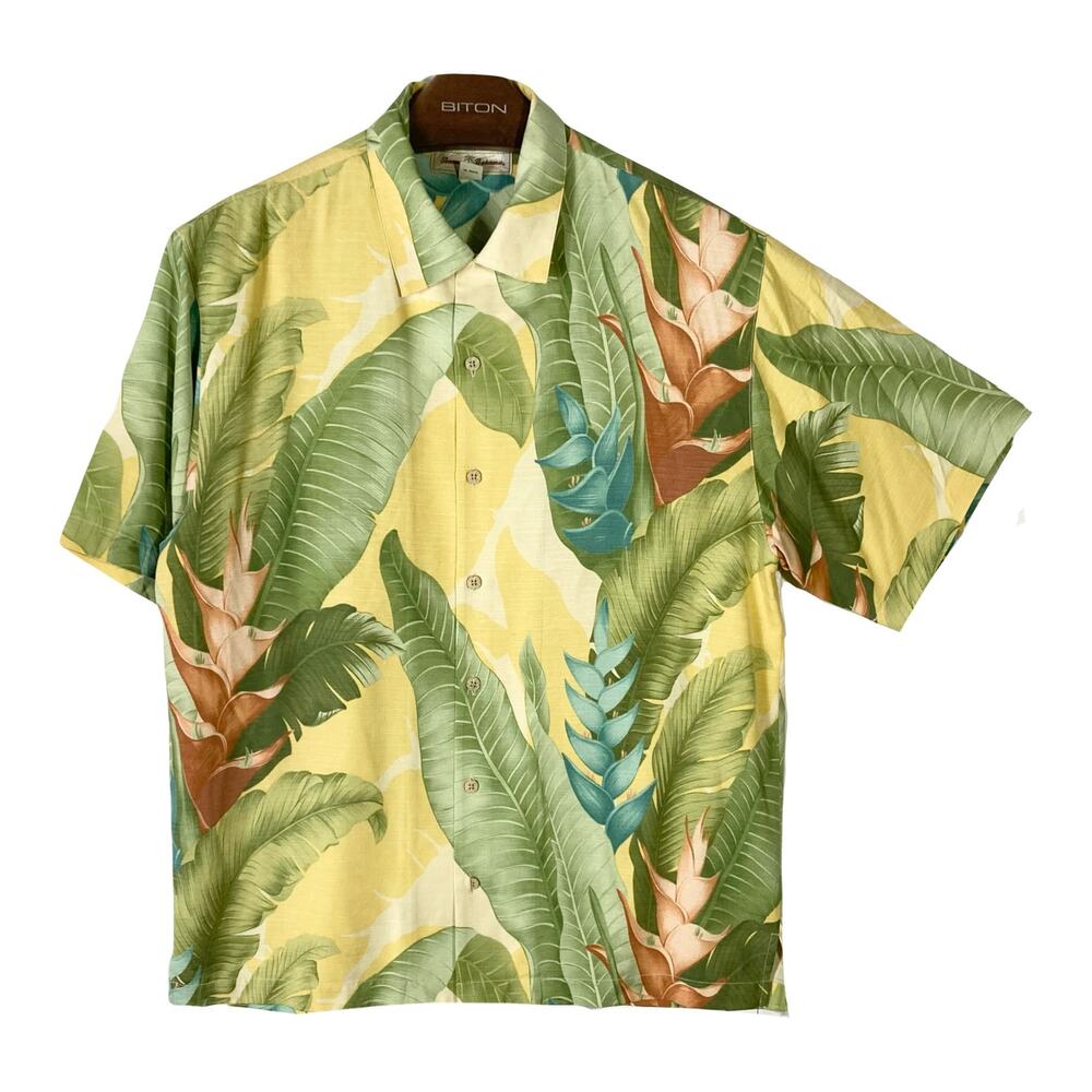 NWOT TOMMY BAHAMA Shirt Men M Vintage Silk Tropical Yellow Green Button Slit